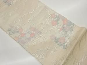 絽霞に芝・草花模様織出し袋帯